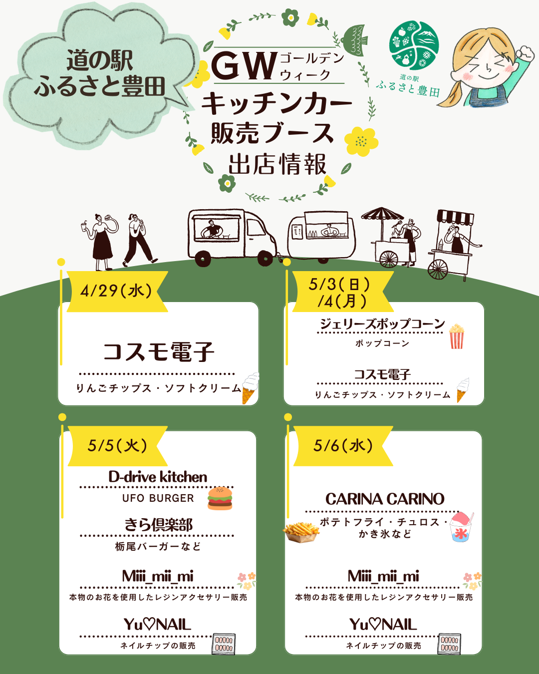 
今年のゴールデンウィークは、ぜひ道の駅ふるさと豊田へお立ち寄りください＾＾

キッチンカーや物販が日替わりで出店し、
グルメやスイーツ、雑貨などをお楽しみいただけます。

日によって出店内容が異なりますので、ぜひご確認のうえご来場ください。

■ 出店スケジュール
■ 4月29日（水）

コスモ電子
・りんごチップス
・ソフトクリーム

■ 5月3日（日）・5月4日（月）

① Jerrys Popcorn
・ポップコーン

② コスモ電子
・りんごチップス
・ソフトクリーム

■ 5月5日（火）

① D-drive kitchen
・UFO BURGER

② きら倶楽部
・栃尾バーガー など

③ Miii_mii_mi
・レジンアクセサリー販売

④ Yu♡NAIL
・ネイルチップ販売

■ 5月6日（水）

① カリーナカリーノ
・ポテトフライ
・チュロス
・かき氷 など

② Miii_mii_mi
・レジンアクセサリー販売

③ Yu♡NAIL
・ネイルチップ販売

※出店内容は天候等により変更となる場合がございます。

ゴールデンウィークのひとときに、ぜひお立ち寄りください。

皆さまのご来場を心よりお待ちしております。