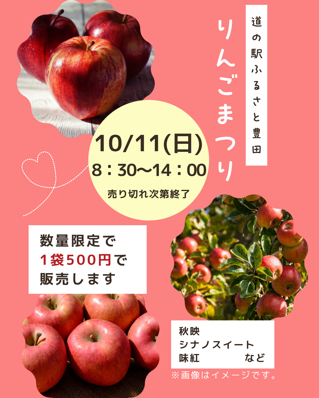 道の駅ふるさと豊田では、10月11日（日）に「りんごまつり」を開催します。

秋映、シナノスイート、味紅など、
信州を代表する人気品種のりんごを、一袋500円（税込）で販売します。

旬を迎えた信州のりんごを、ぜひこの機会にお楽しみください。

【開催日時】
2026年10月11日（日）8:30～14:00
※りんごがなくなり次第終了となります。

【会場】
道の駅ふるさと豊田